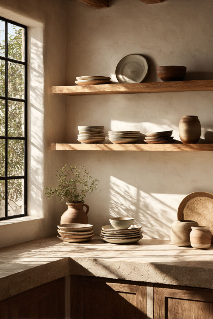 open kitchen shelving with stacked ceramic dishes, warm wood shelves, and plaster walls in organic modern kitchen