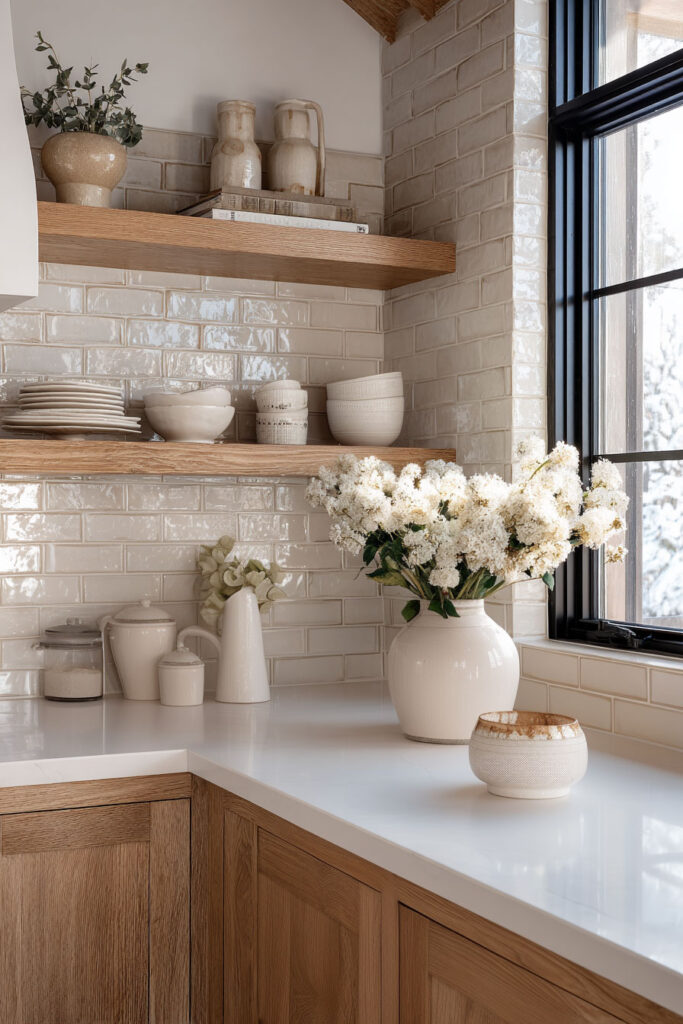 open kitchen shelving with neutral ceramics glossy tile backsplash and warm wood cabinets modern kitchen with natural light and soft tones