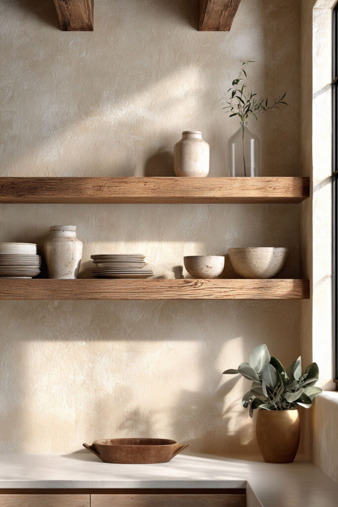Sunlit kitchen corner with open wooden shelves displaying neutral ceramic bowls, plates, and vases with a potted plant on the countertop
