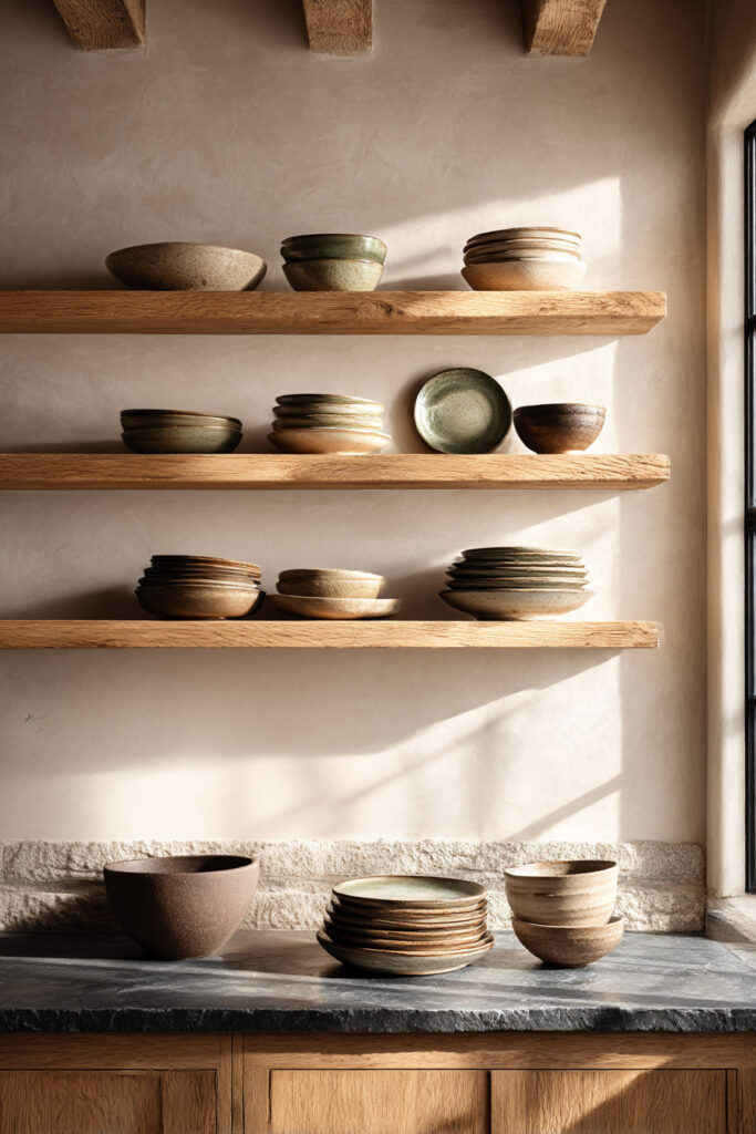 open kitchen shelving with neutral ceramic dishes and warm wood shelves, organic modern kitchen styling with earthy tones