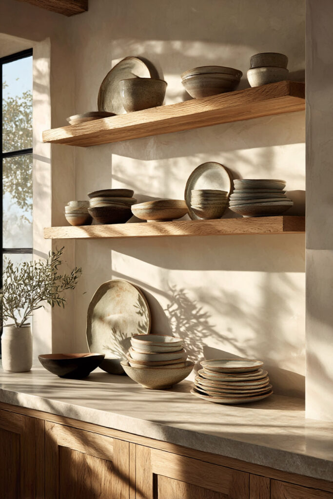 open kitchen shelving with neutral ceramics and warm wood in organic modern kitchen design