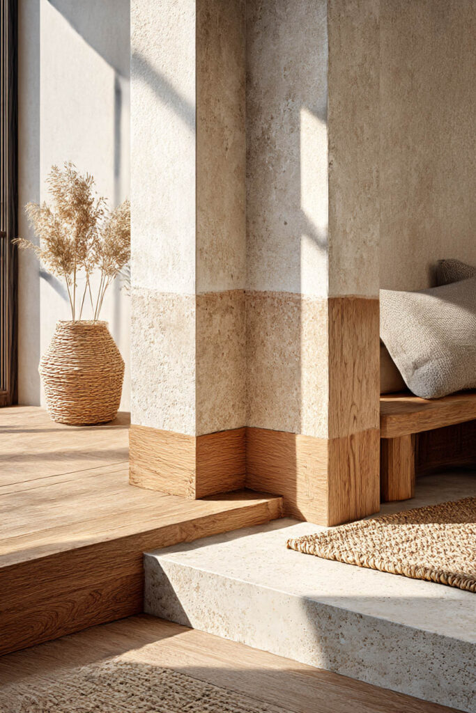 Organic modern interior detail with stone column, wood flooring, built-in bench seating, and neutral textures.