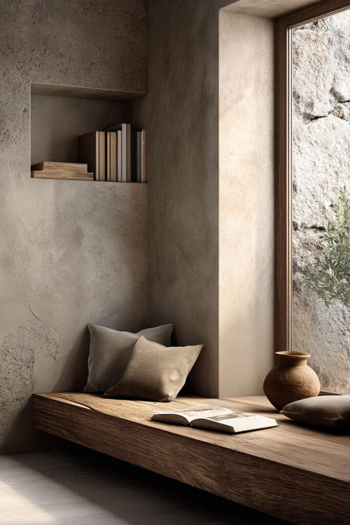 Organic modern reading nook with built-in wood bench, textured plaster walls, neutral pillows, and minimalist earthy decor.