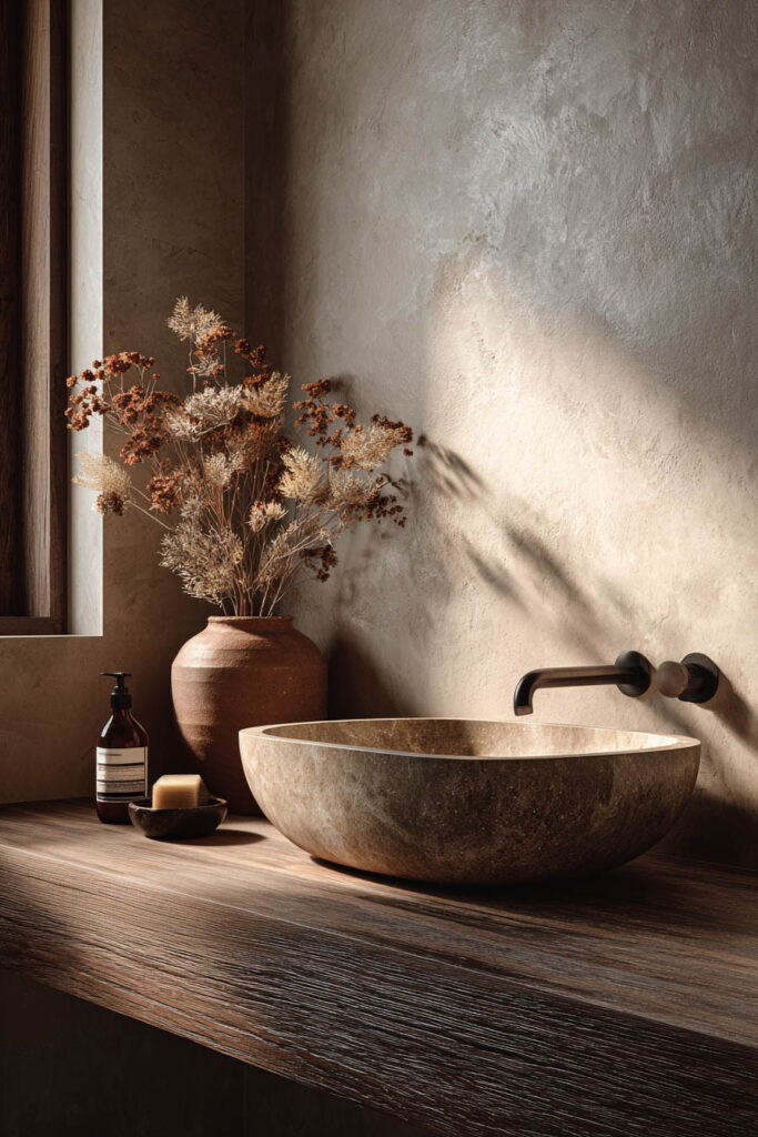 Organic modern bathroom with stone vessel sink, wood vanity, plaster walls, and clay pottery decor.