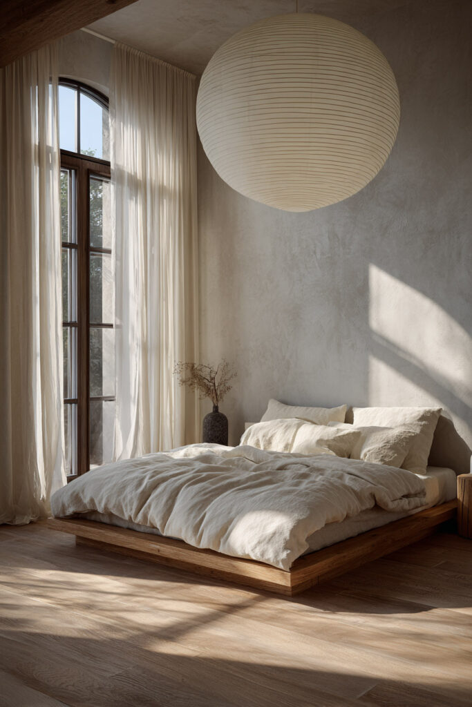 Japandi bedroom with large paper lantern pendant light, light wood platform bed, neutral linen bedding, sheer curtains, and soft natural sunlight
