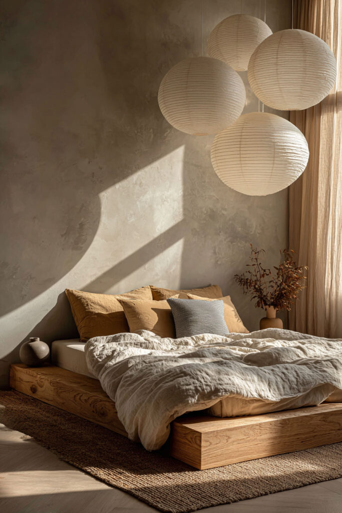 Japandi bedroom with multiple paper lantern pendant lights, neutral linen bedding, and warm natural sunlight
