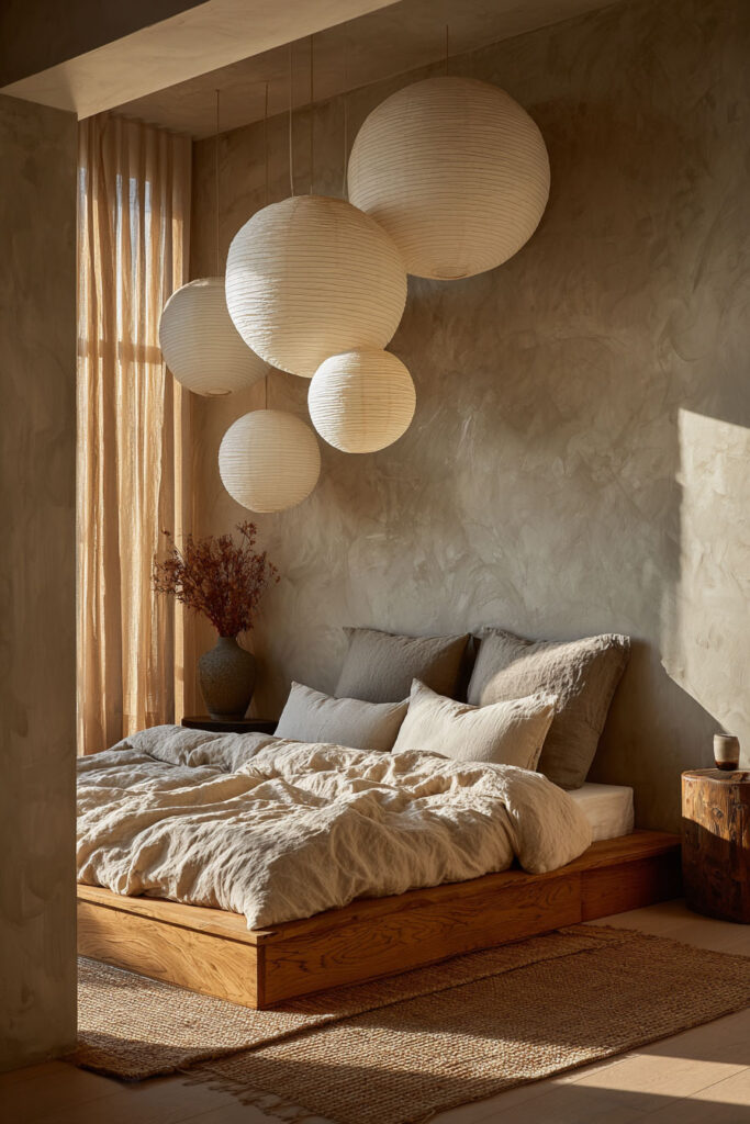 Japandi bedroom with paper lantern pendant lights, neutral linen bedding, wood platform bed, and soft warm natural light