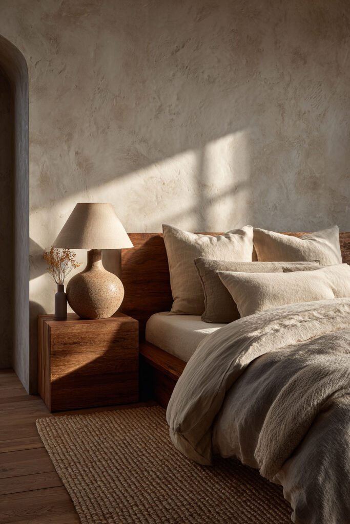 Japandi bedroom with ceramic table lamp, wood nightstand, neutral linen bedding, and soft natural sunlight