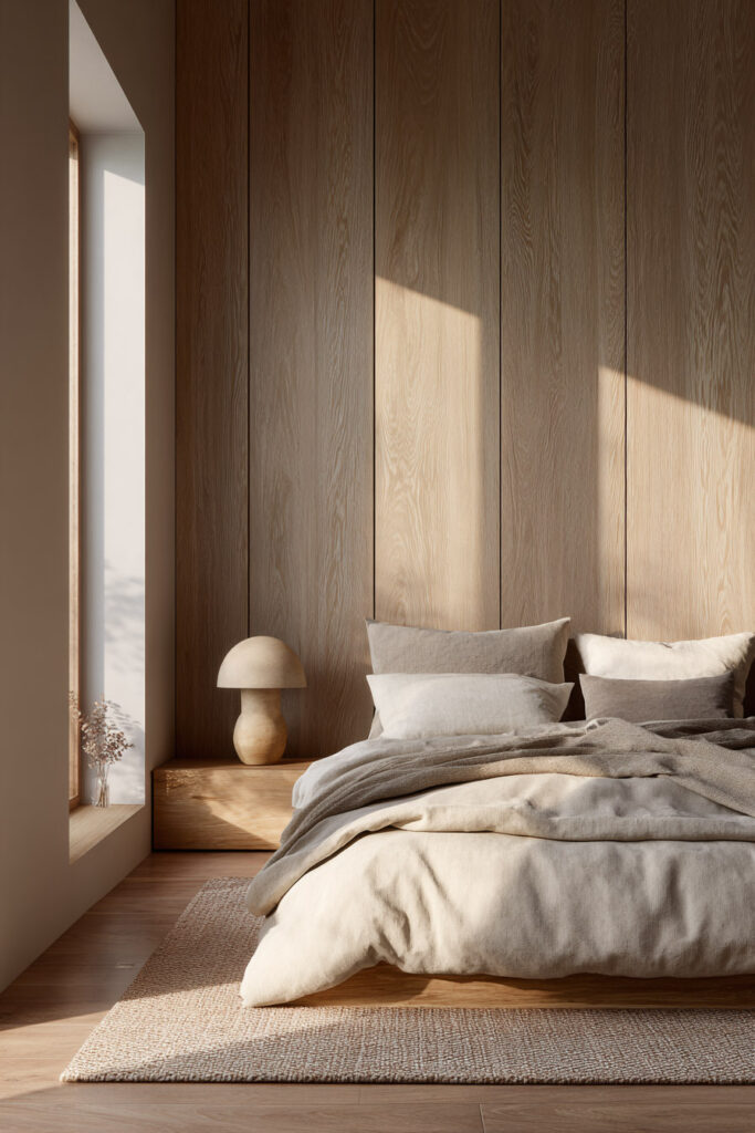 Japandi bedroom with wood paneled accent wall, neutral bedding, minimalist decor, and soft natural light