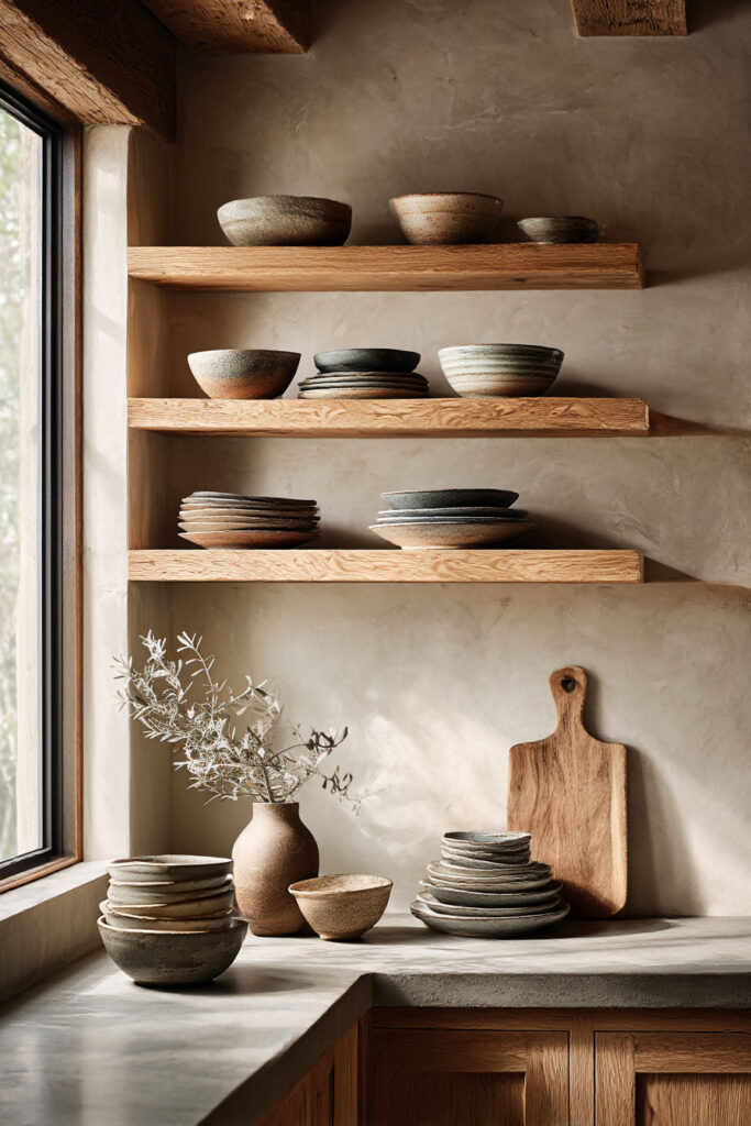 open kitchen shelving with ceramic dishes warm wood shelves and textured walls organic modern kitchen with neutral tones