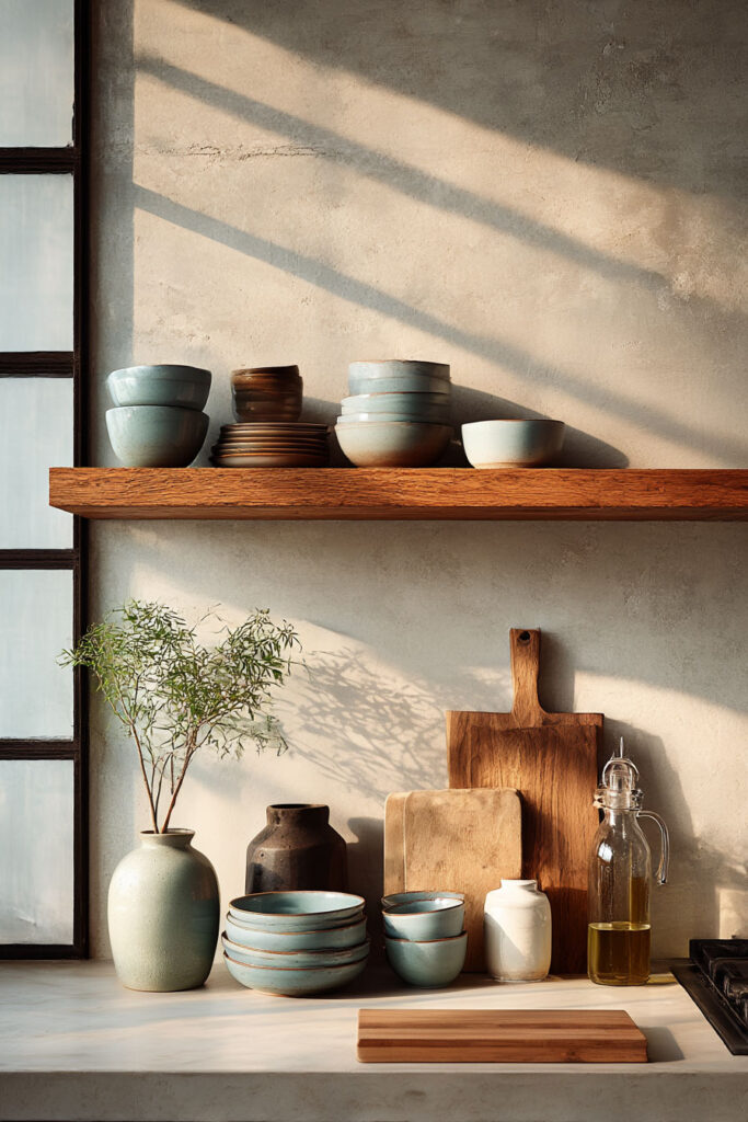 Sunlit kitchen with a wooden open shelf holding stacked ceramic bowls and plates, and a countertop with more neutral ceramics, wooden cutting boards, a glass oil bottle, and a potted plant