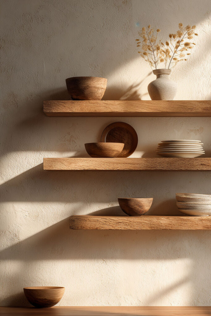 open kitchen shelving with wood bowls and neutral ceramic dishes, minimal kitchen styling with warm tones and plaster wall background