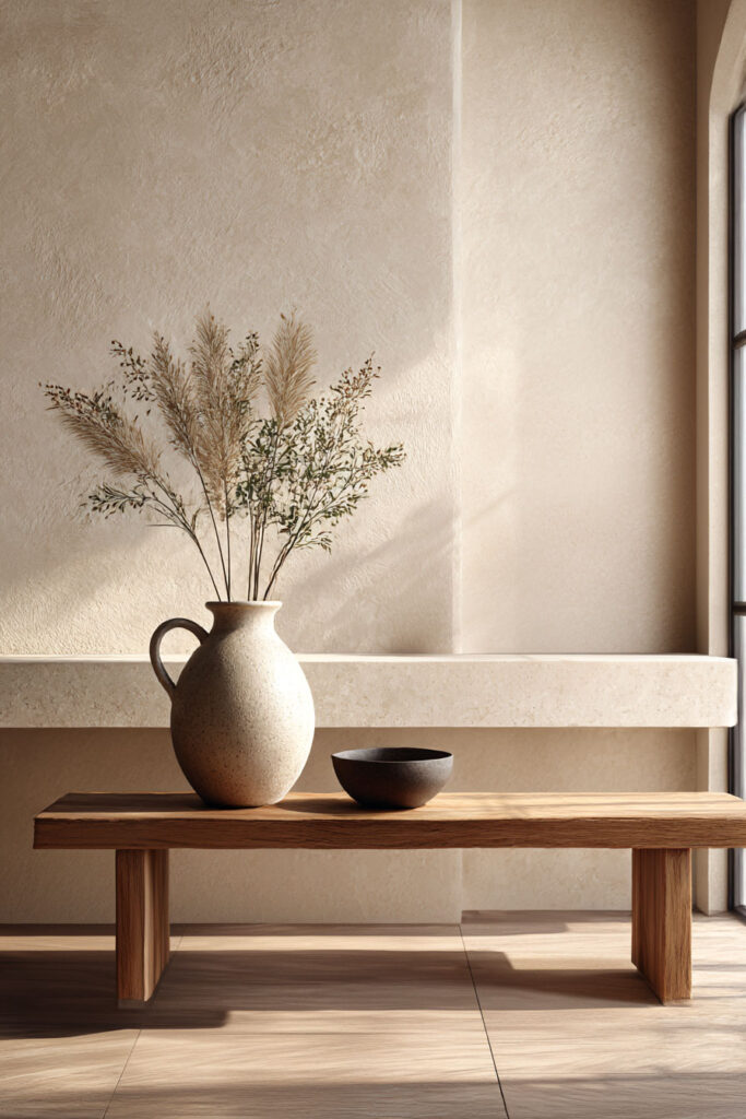 Organic modern console table styling with earthy pottery, wood table, and textured plaster walls in a neutral interior.