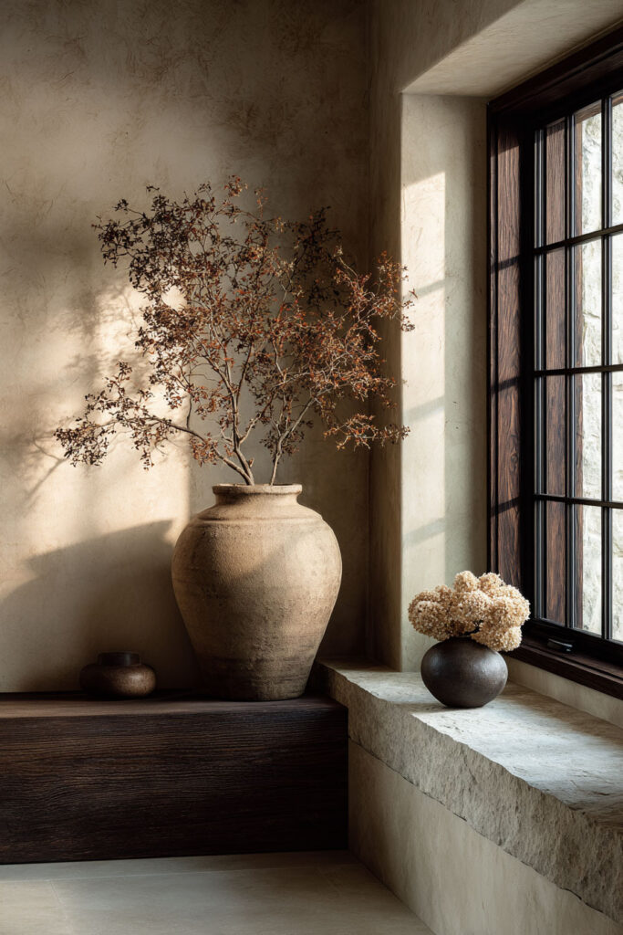 Organic modern decor with clay vase, dried branches, stone window ledge, and warm natural textures.