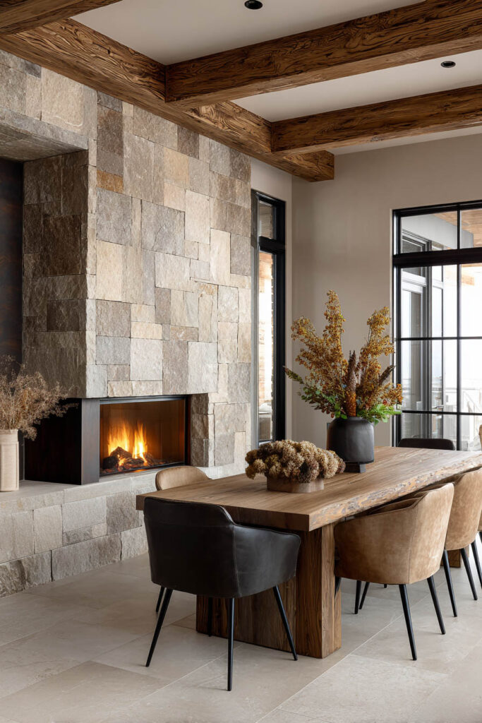 Organic modern dining room with stone fireplace wall, wood beam ceiling, and rustic wood dining table.