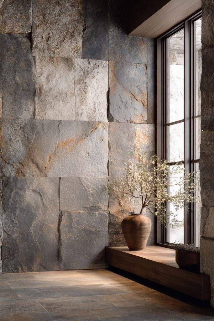 Organic modern interior with large stone slab wall, wood bench seating, and natural pottery by window.