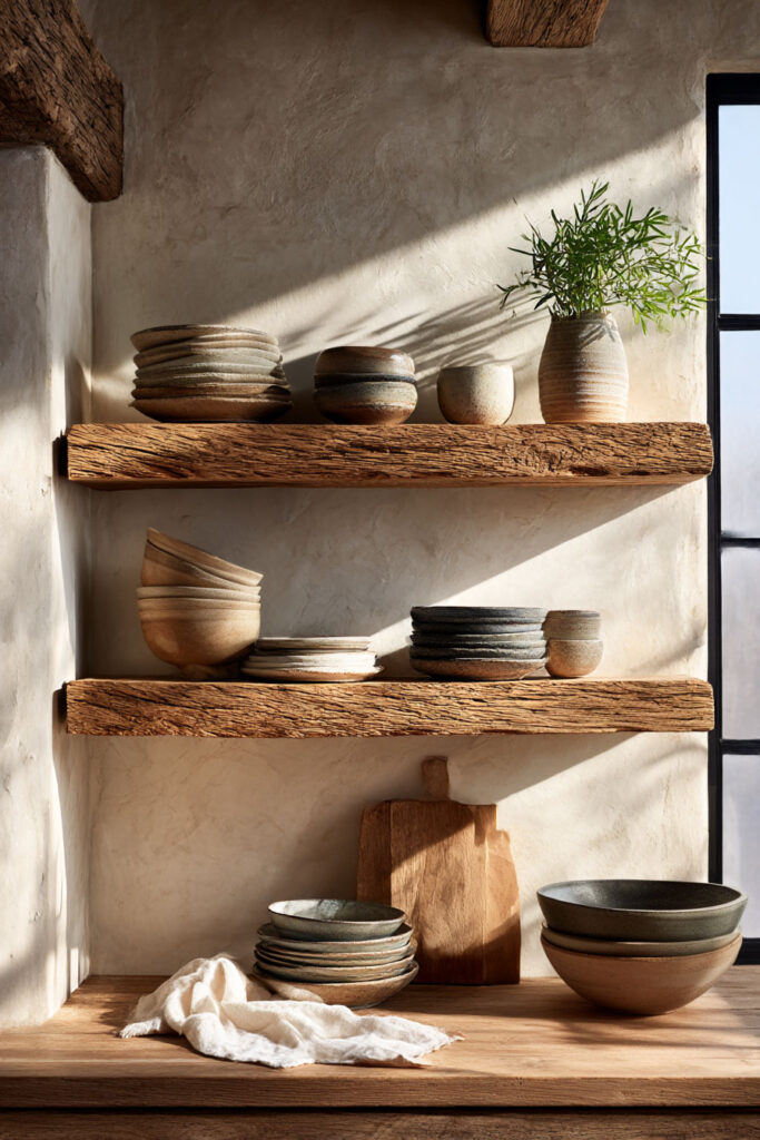 rustic open kitchen shelving with wood shelves, stacked ceramic dishes, and organic modern styling with natural textures
