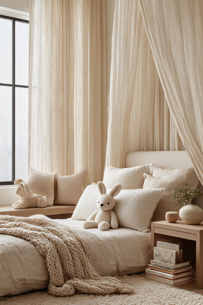 small little girls bedroom with canopy bed, neutral bedding, cozy textures, and bunny decor