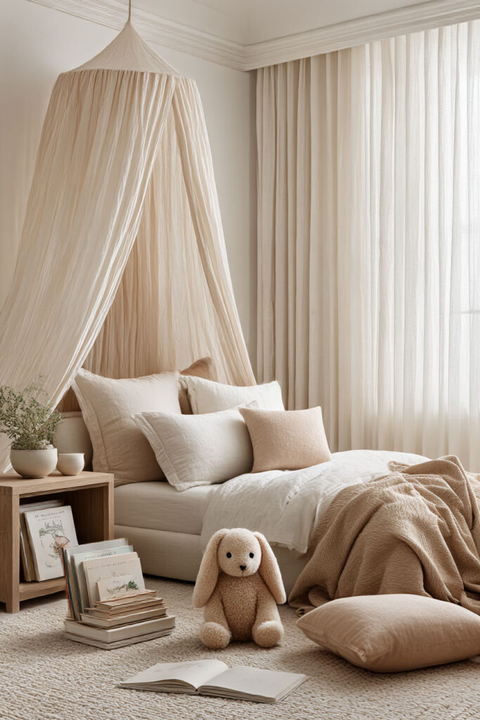 Small little girls bedroom with canopy bed, cozy reading corner, bunny plush toy, books on floor, and soft neutral decor.