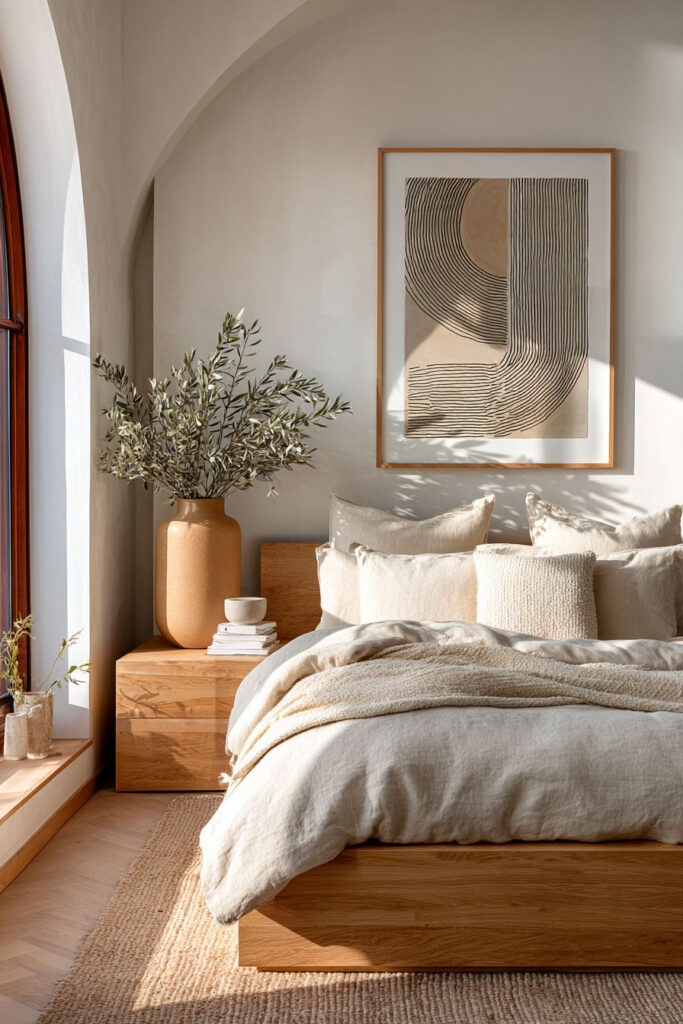 Japandi bedroom with abstract wall art, light wood furniture, neutral linen bedding, and soft natural light