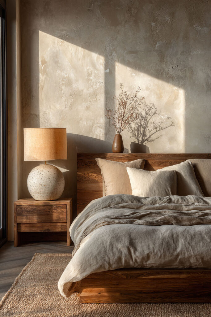 Japandi bedroom with ceramic table lamp, wood bed frame, neutral linen bedding, textured wall, and warm natural sunlight