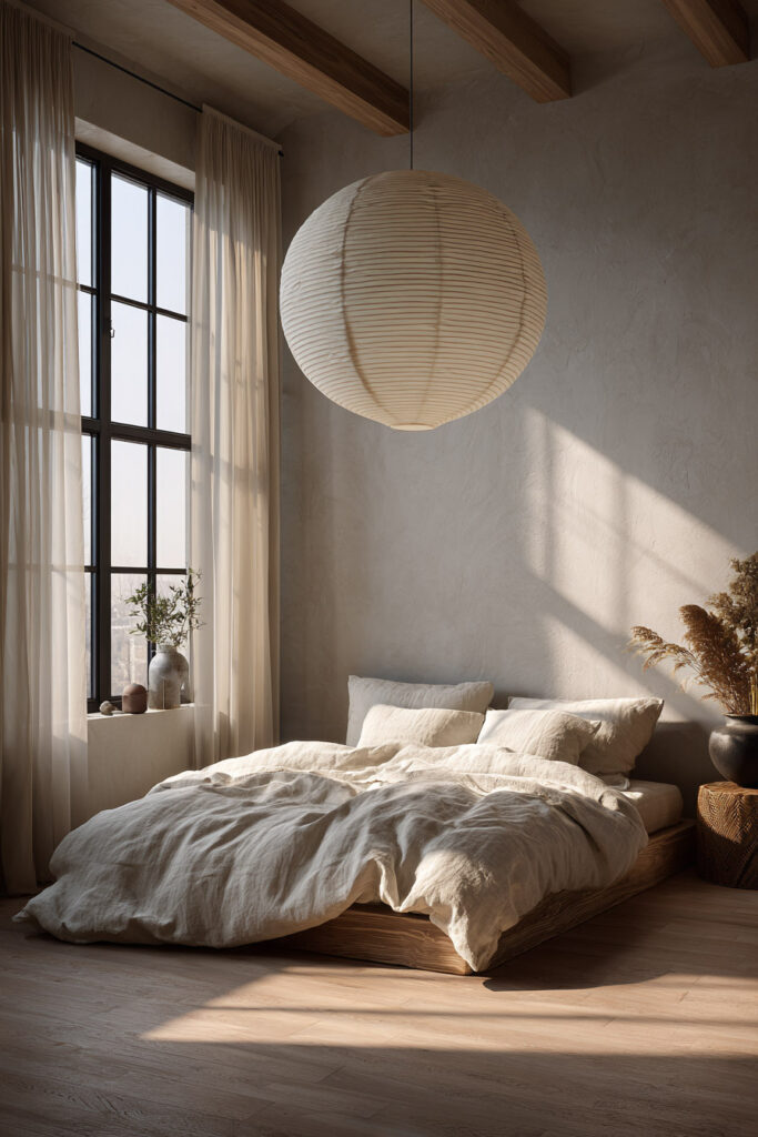 Japandi bedroom with paper lantern pendant, low wood bed, neutral linen bedding, and soft natural sunlight through sheer curtains