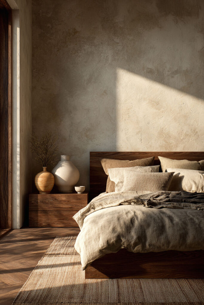 Japandi bedroom with warm sunlight casting shadows on plaster wall, wood bed frame, neutral linen bedding, and ceramic decor