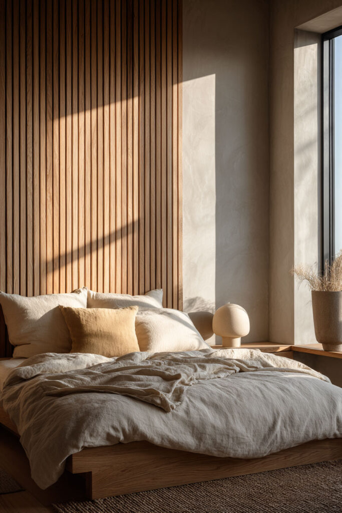 Japandi bedroom with vertical wood slat accent wall, light wood bed frame, neutral linen bedding, and soft natural sunlight