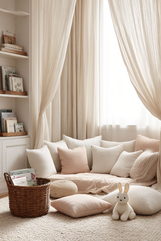 Little girls bedroom floor seating reading nook with soft cushions, canopy curtains, woven basket of books, and plush bunny toy.