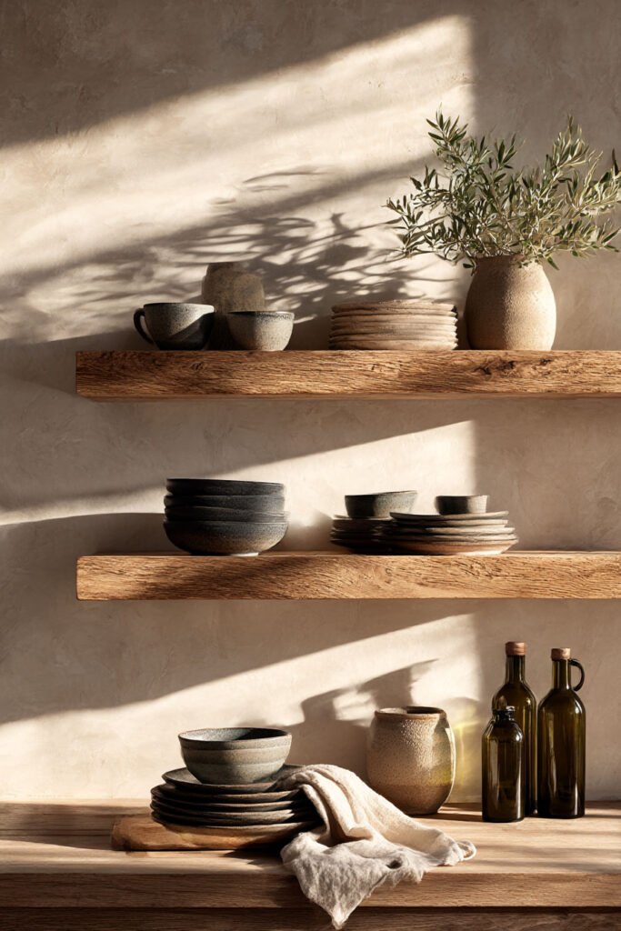 open kitchen shelving with neutral ceramics wood shelves and organic decor modern kitchen styling with natural light and earthy tones