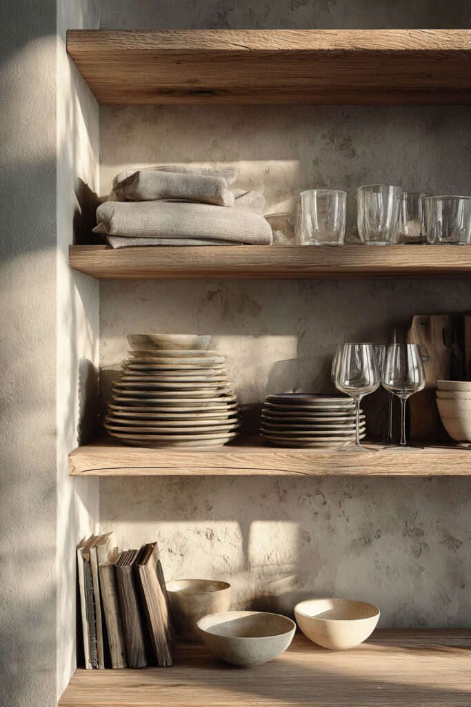 Wooden open shelves in a sunlit kitchen holding stacked neutral plates, bowls, glassware, and books, with natural light casting soft shadows on a textured plaster wall