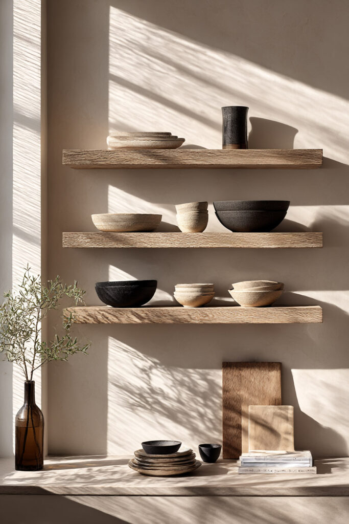 open kitchen shelving with neutral ceramic dishes and wood accents, minimal kitchen decor with warm tones and natural light