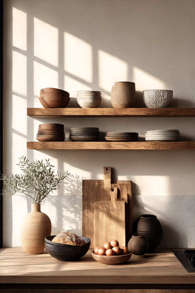 open kitchen shelves with neutral ceramics on plaster wall in minimal organic kitchen design