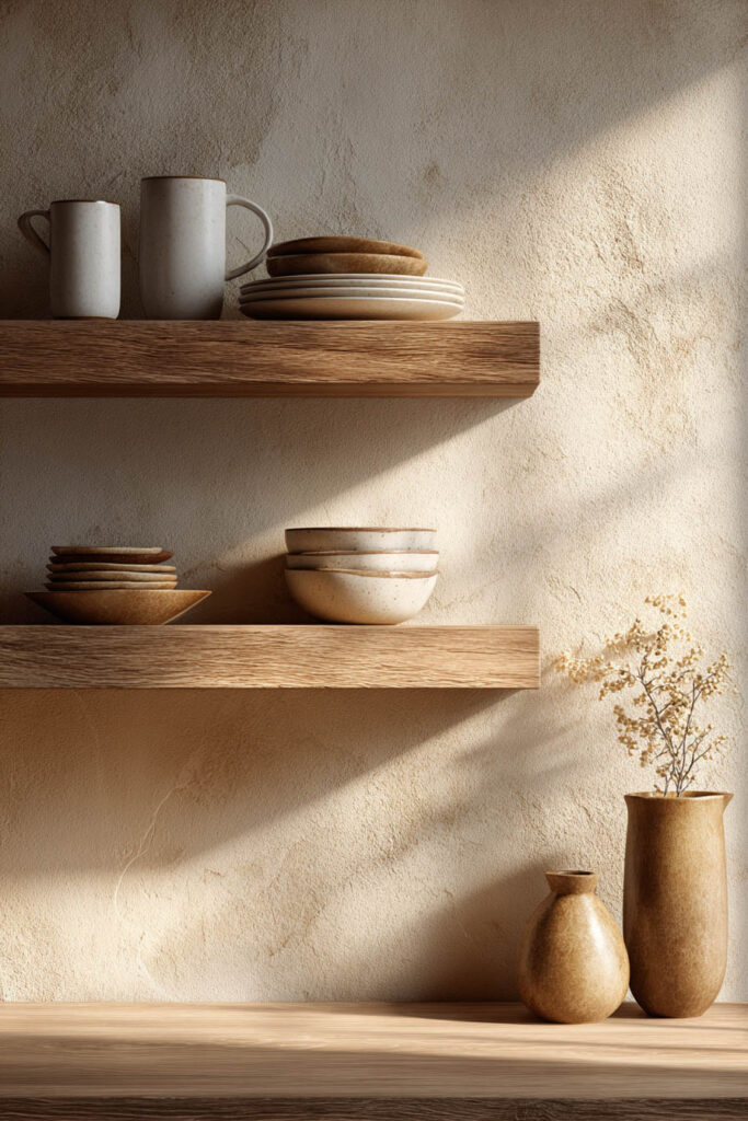 open kitchen shelving with styled ceramics warm wood accents and natural light in organic modern kitchen