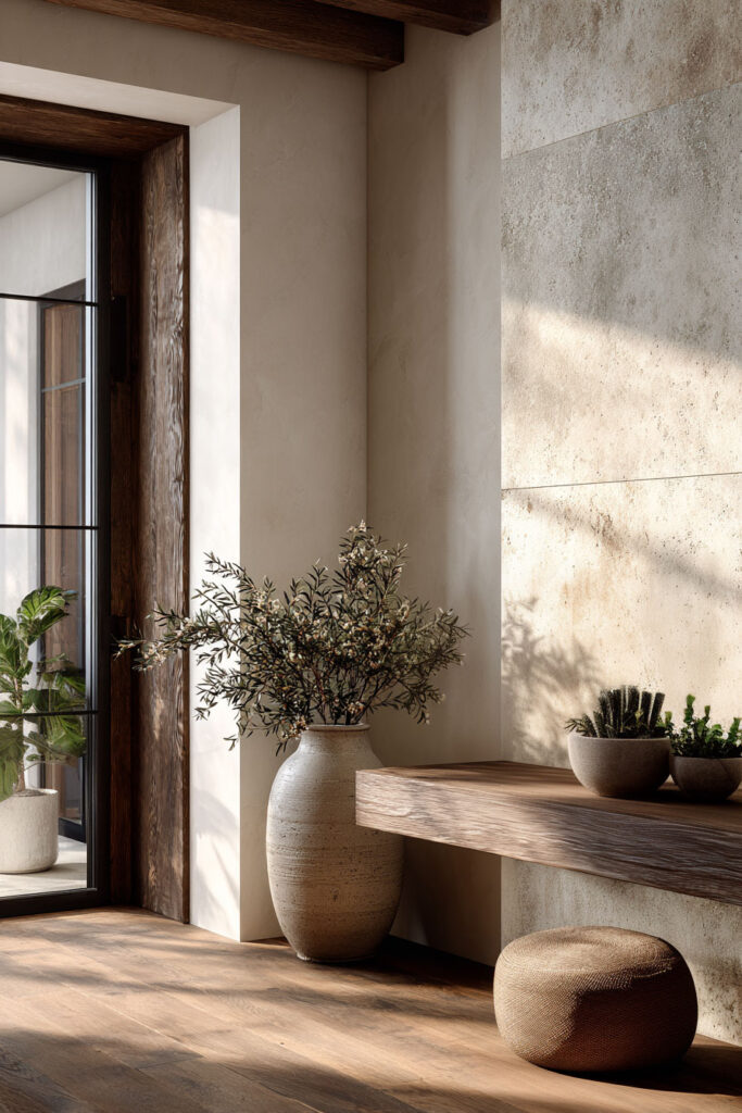 Organic modern entry console with wood table, stone wall, large ceramic vase, and neutral earthy decor.