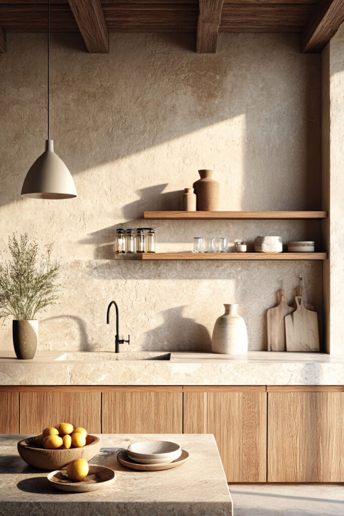 Organic modern kitchen with stone countertops, warm wood cabinets, open shelves, and natural clay decor.