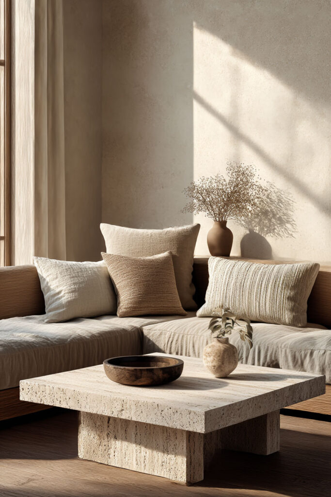 Organic modern living room with stone coffee table, neutral sofa, linen pillows, and warm plaster walls.