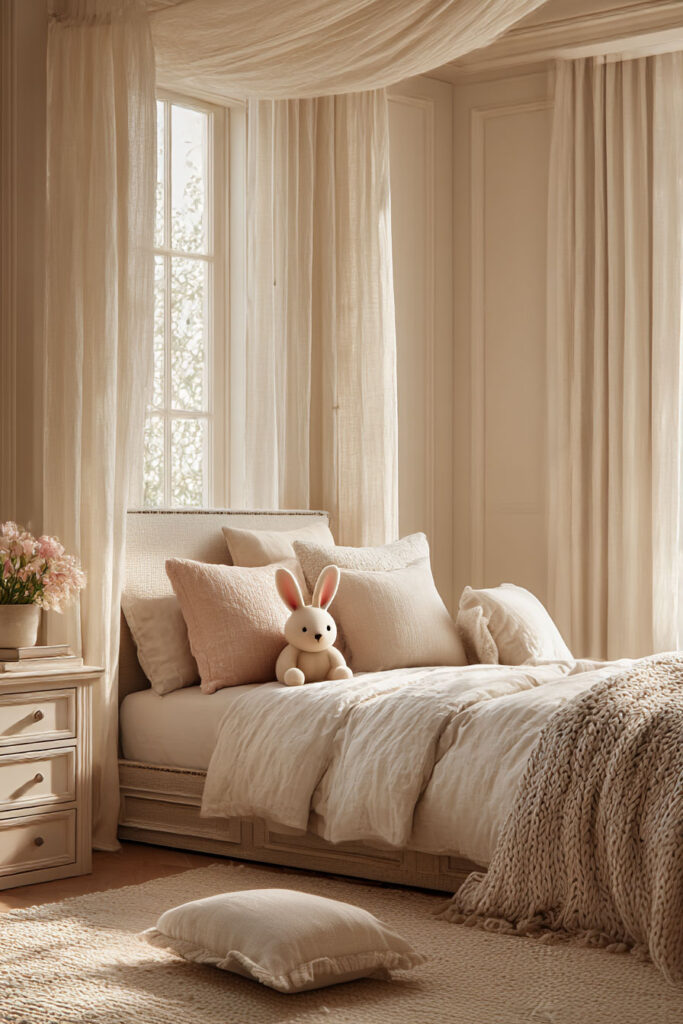 small little girls bedroom with neutral canopy bed, soft bedding, bunny decor, and warm natural sunlight