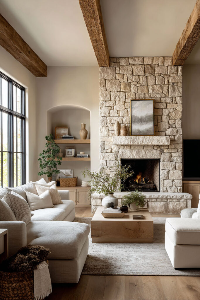 Timeless living room with natural stone fireplace, exposed wood beams, neutral sofa, and organic modern decor.