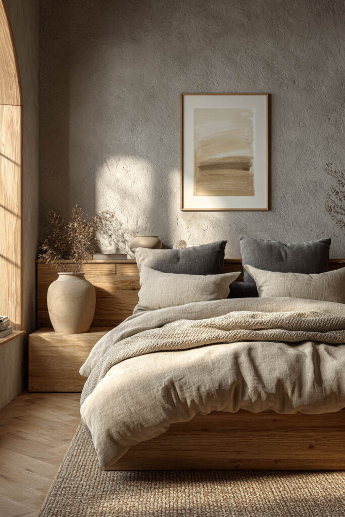 Japandi bedroom with minimal neutral wall art, textured plaster wall, wood furniture, and layered linen bedding