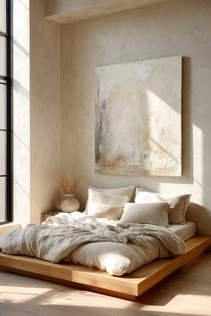 Japandi bedroom with minimal abstract wall art, light wood platform bed, neutral linen bedding, and soft natural sunlight