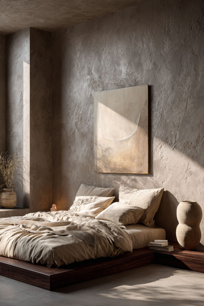 Japandi bedroom with minimalist wall art, textured plaster wall, dark wood platform bed, neutral linen bedding, and warm natural light