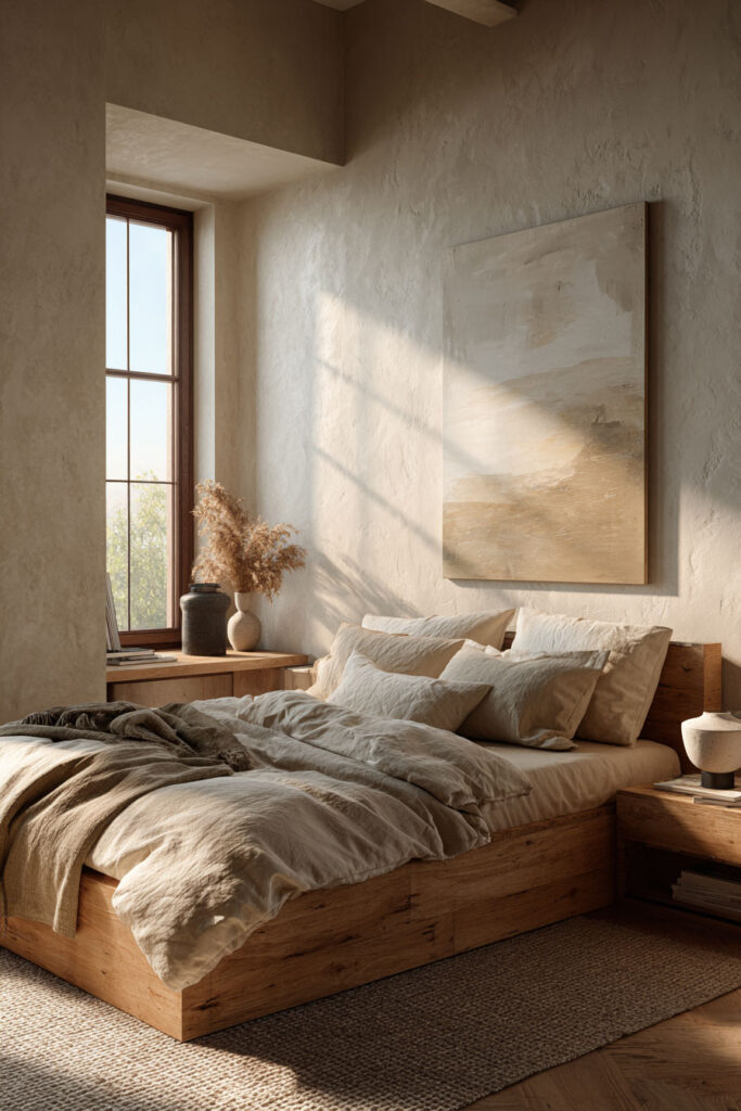 Japandi bedroom with neutral abstract wall art, textured plaster wall, wood bed frame, and warm natural sunlight
