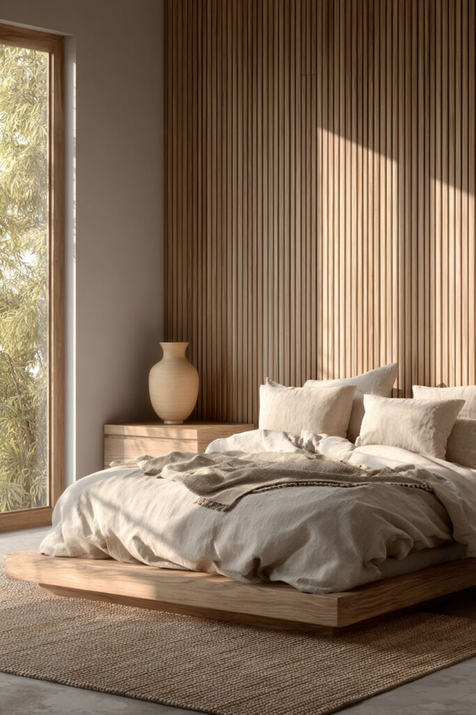 Japandi bedroom with vertical wood slat wall, light wood platform bed, neutral linen bedding, and soft natural sunlight