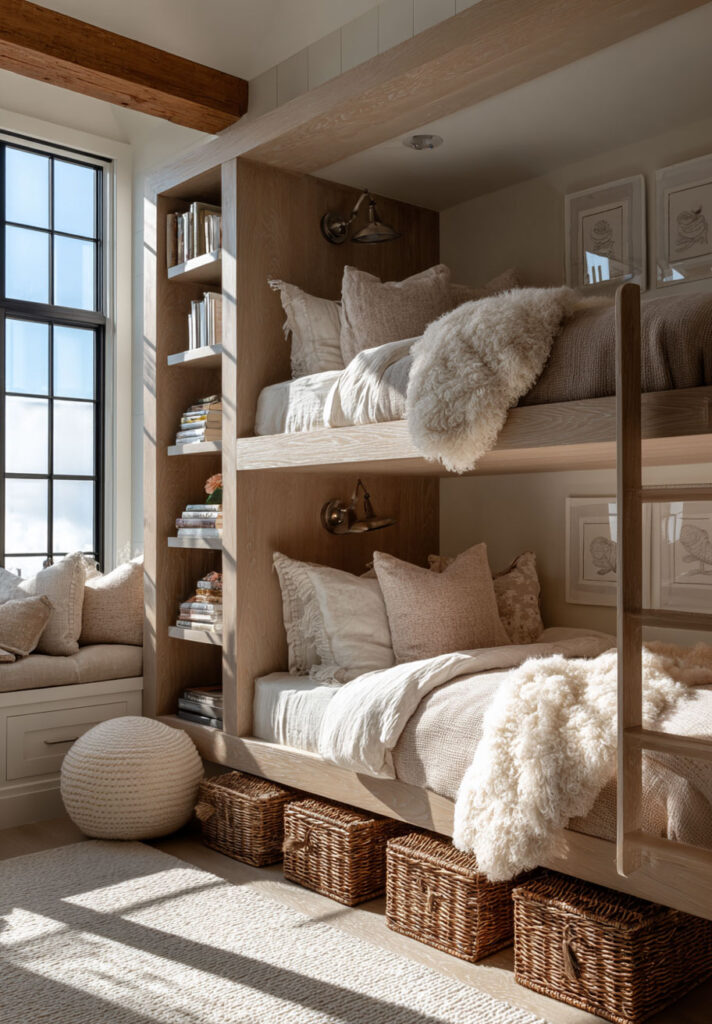 Little girls bedroom with built-in bunk beds, neutral bedding, woven storage baskets, and cozy window reading nook.