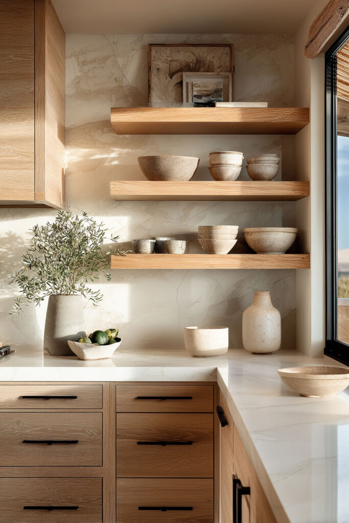 open kitchen shelving with neutral ceramics, warm wood cabinets, and marble backsplash in organic modern kitchen design