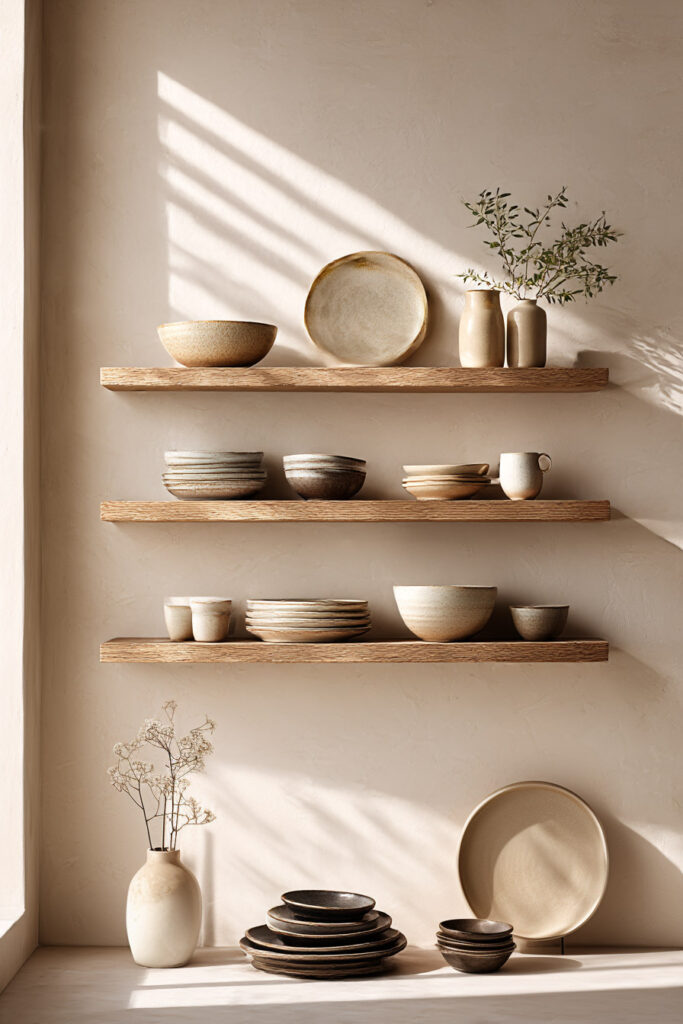 open kitchen shelving with neutral ceramic dishes and warm wood shelves minimalist kitchen styling with soft natural light and neutral tones