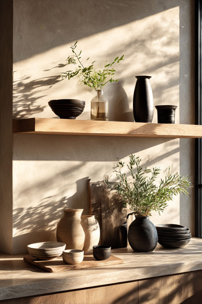 Wooden open shelves in a kitchen displaying stacked neutral bowls, ceramic vases, and glassware, with sunlight casting dramatic shadows on a textured plaster wall