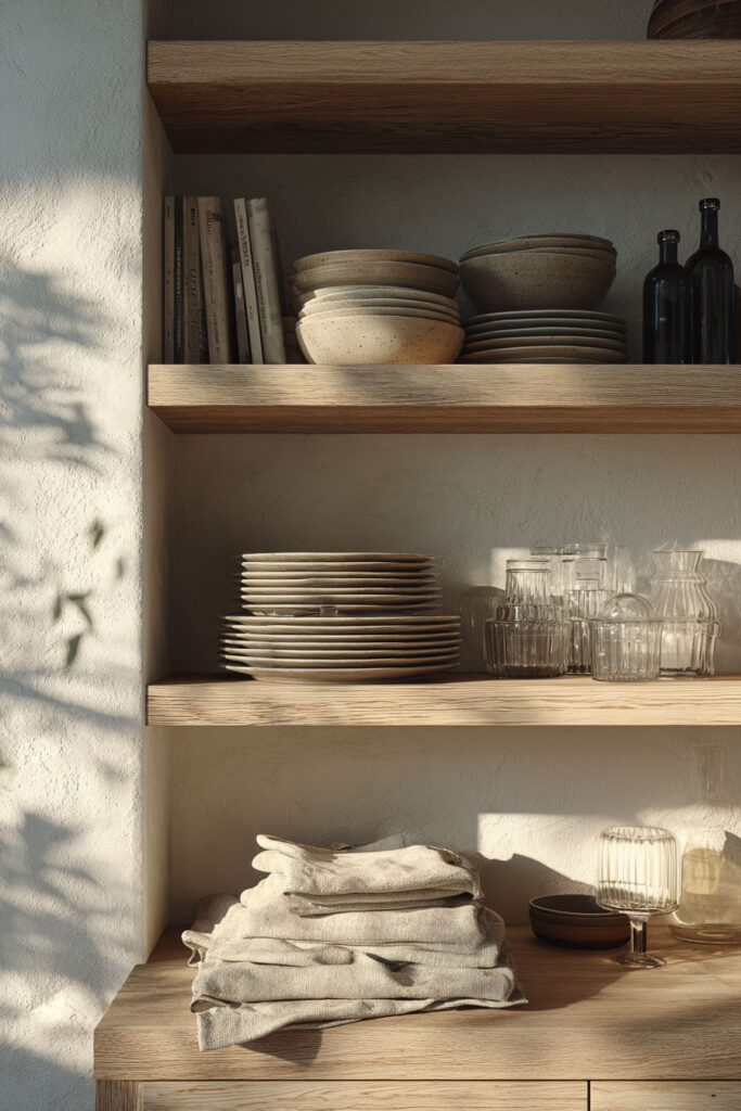 open kitchen shelving with neutral dishes glassware and warm wood shelves in organic modern kitchen