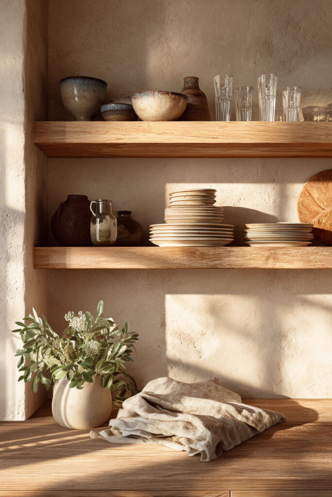 open kitchen shelving with stacked dishes, ceramic bowls and warm wood shelves, organic modern kitchen styling with neutral tones
